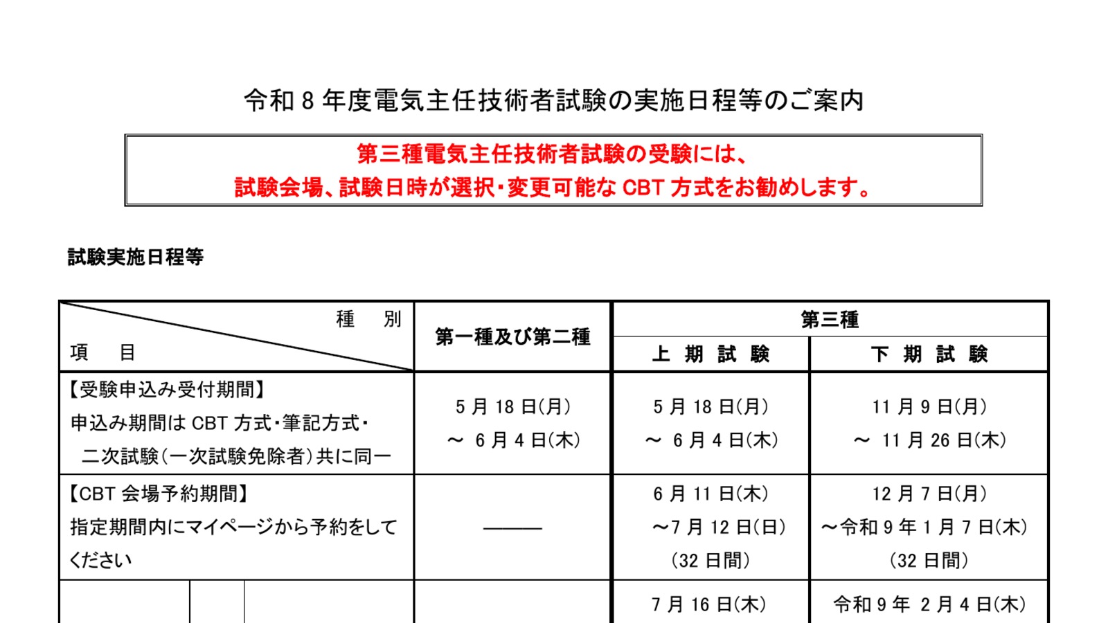 令和8年度電気主任技術者試験の日程PDFの確認画像